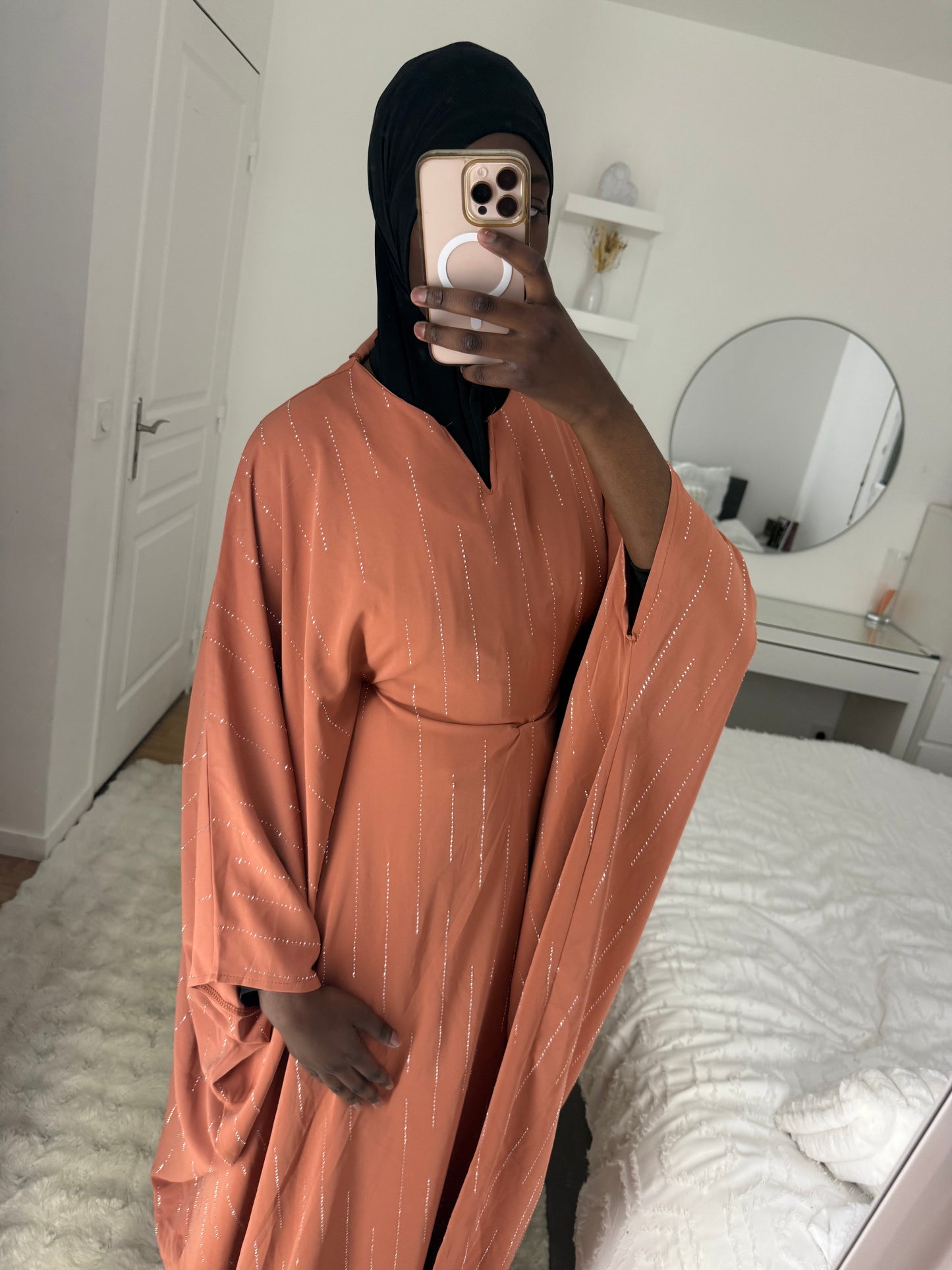 Abaya à strass saumon